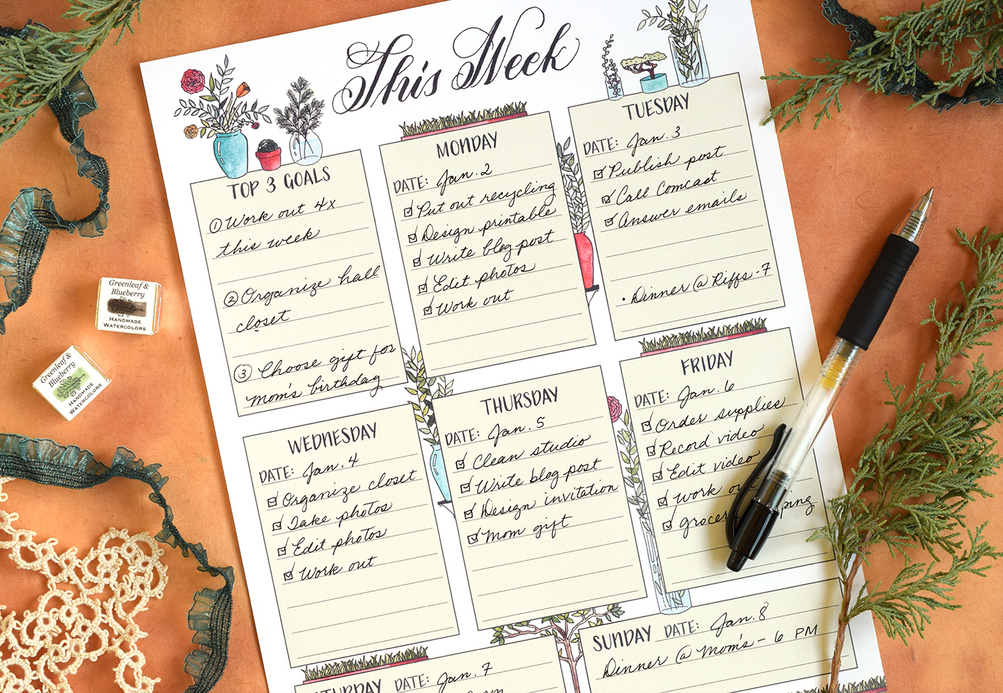 plant themed illustrated printable weekly planner the