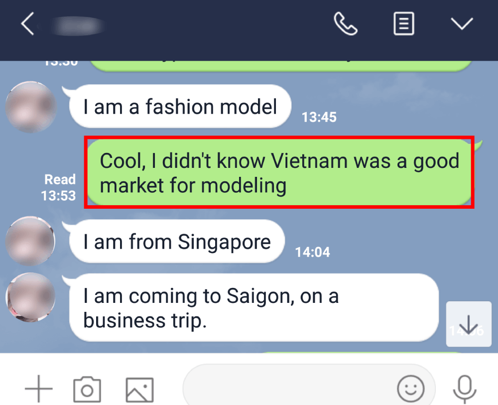 An example of subtle negging in text (devaluing the "I'm a model" DHV