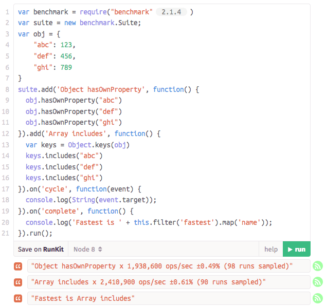 Which is faster obj.hasOwnProperty(prop) vs Object.keys(obj).includes