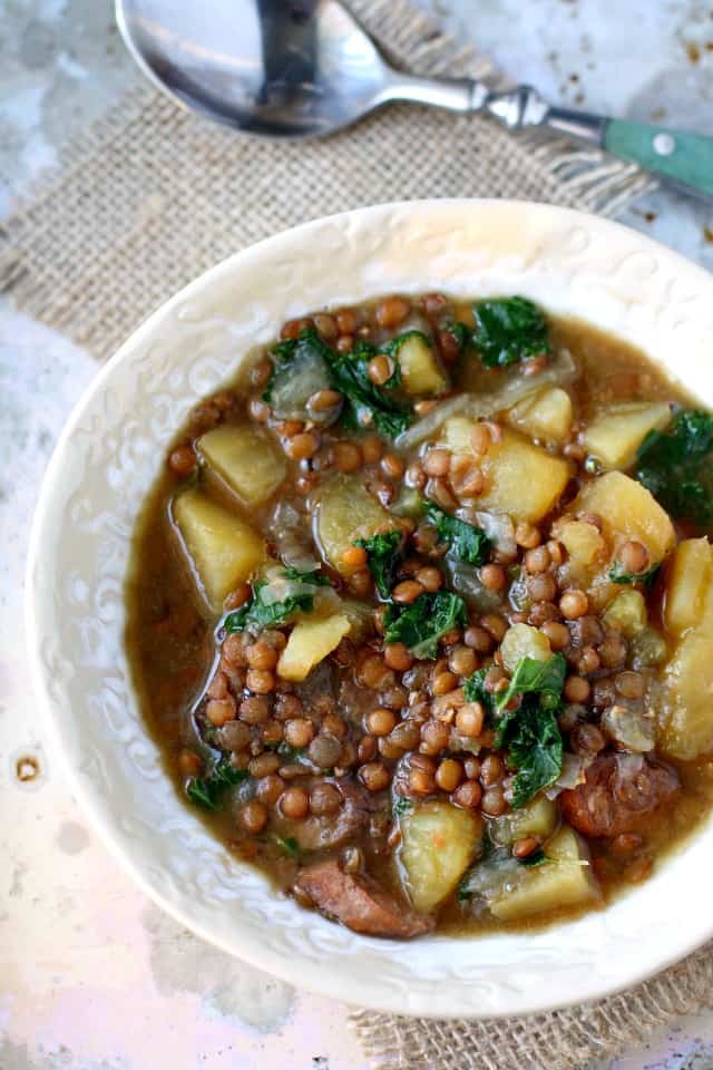 Slow Cooker Lentil, Sausage, and Kale Soup. The Pretty Bee