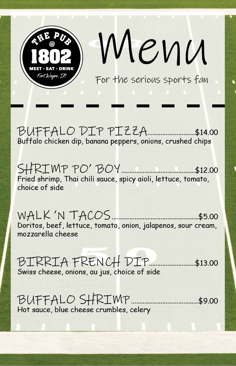 Football Menu The Pub1802