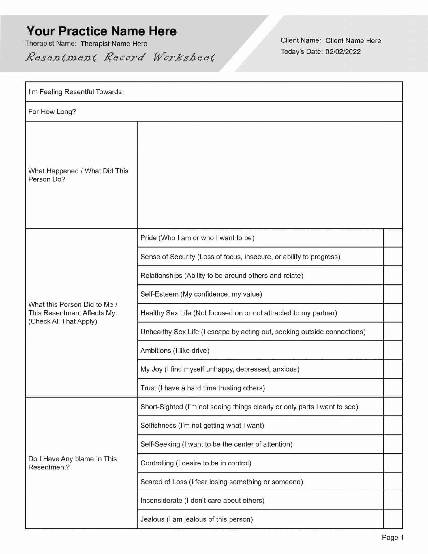 Resentment Record Worksheet (Editable Fillable Printable PDF)
