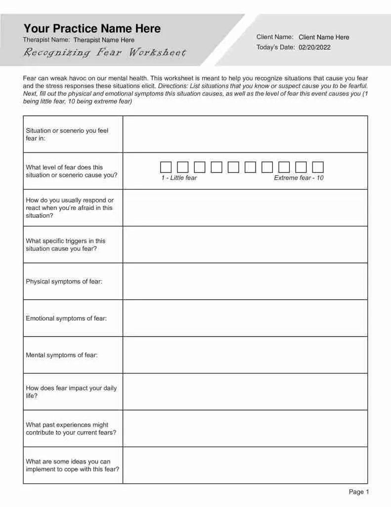 Recognizing Fear Worksheet PDF