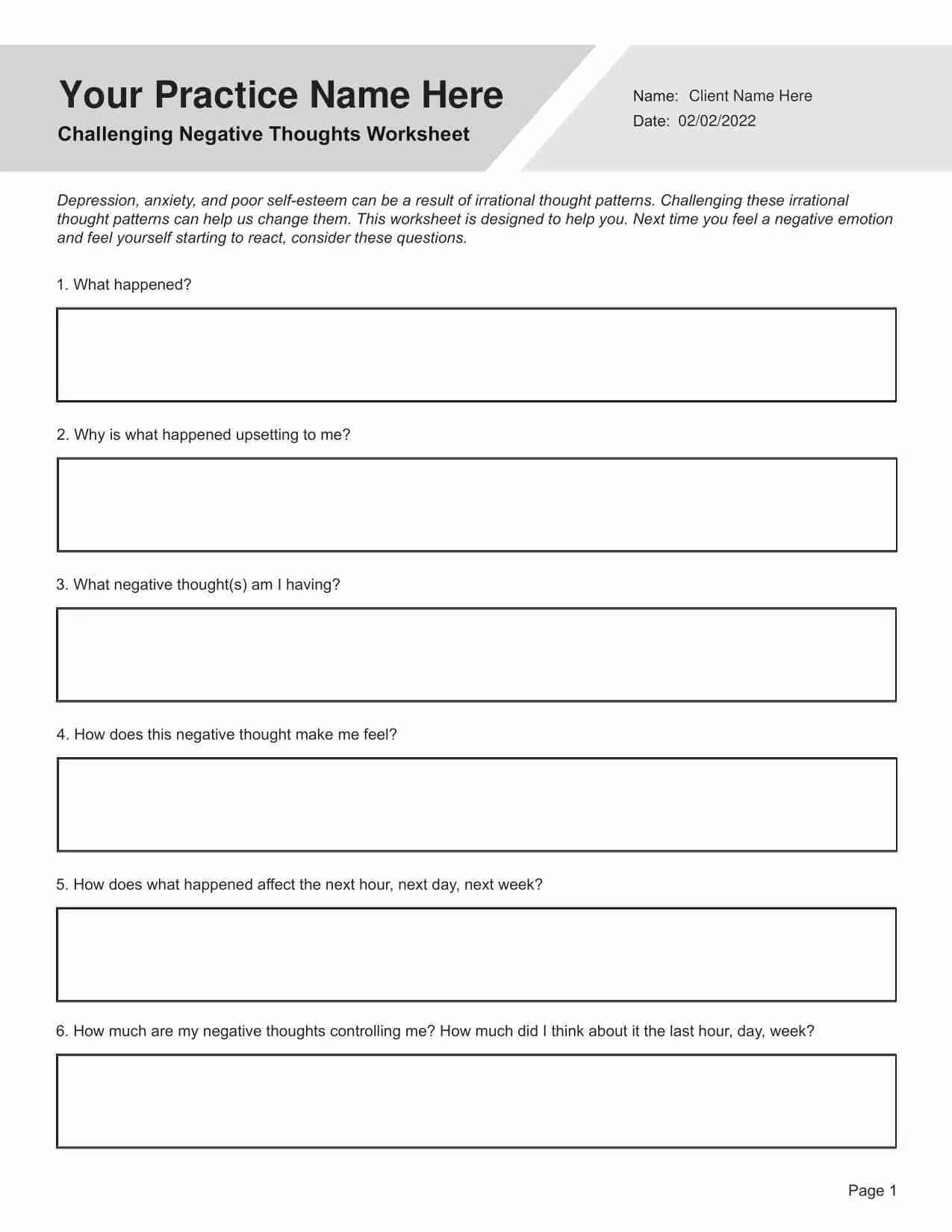 Challenging Negative Thoughts Questionnaire (Editable, Fillable