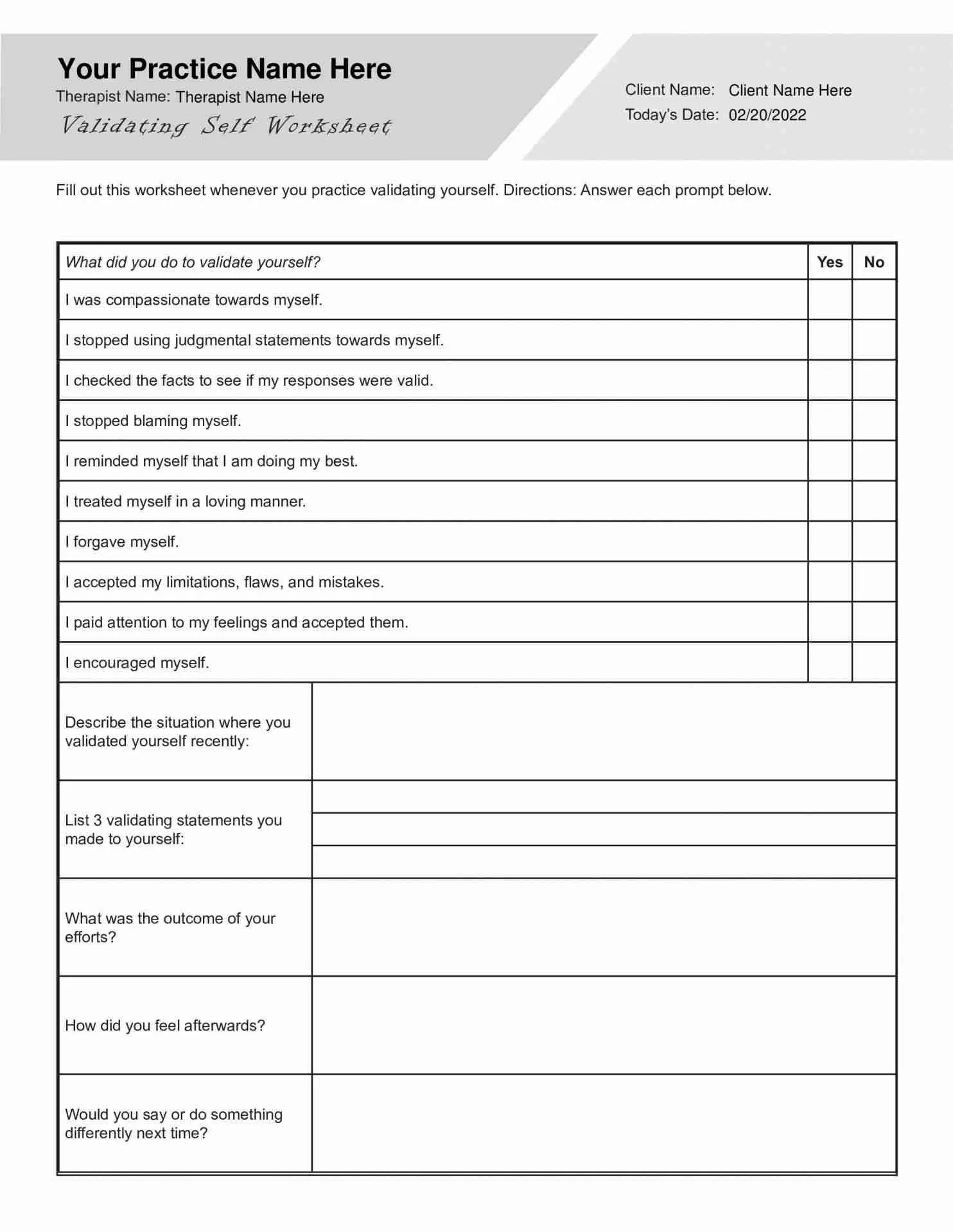 Interpersonal Effectiveness Validating Self Worksheet (Editable