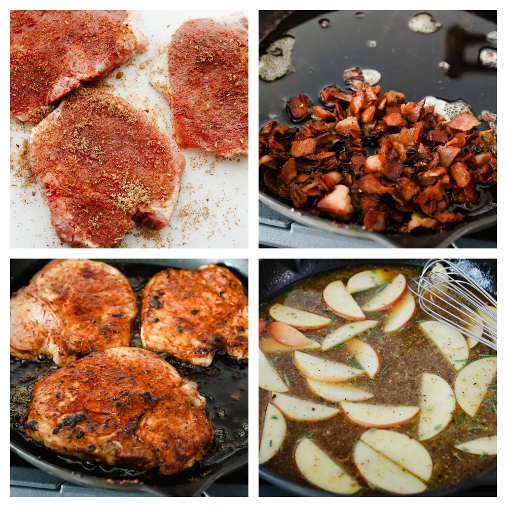 Pork Chops with an Apple Bacon Sauce are the answer to what's for dinner! Savory pork is smothered in a sweet and salty sauce that is going to wow your tastebuds! Pork chops with spice rub, cooking bacon, the chops and apples.