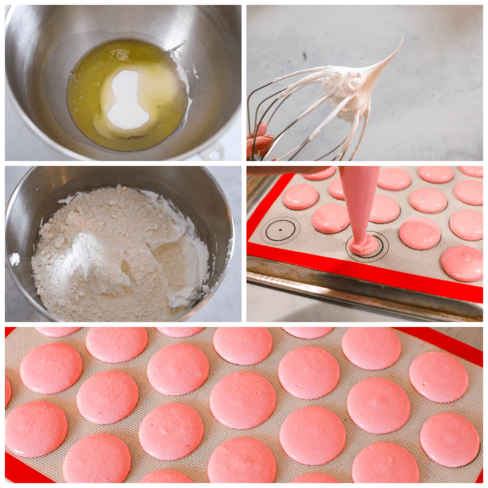 This French macaron cookie recipe makes the perfect macaron every time! I share all of my tips and tricks to get the perfect feet on your macaron, and a delicate and airy cookie with a shiny smooth shell. You are going to love making these fun and elegant cookies at home! Showing the process of making a meringue and adding the dry ingredients and piping out the cookies.