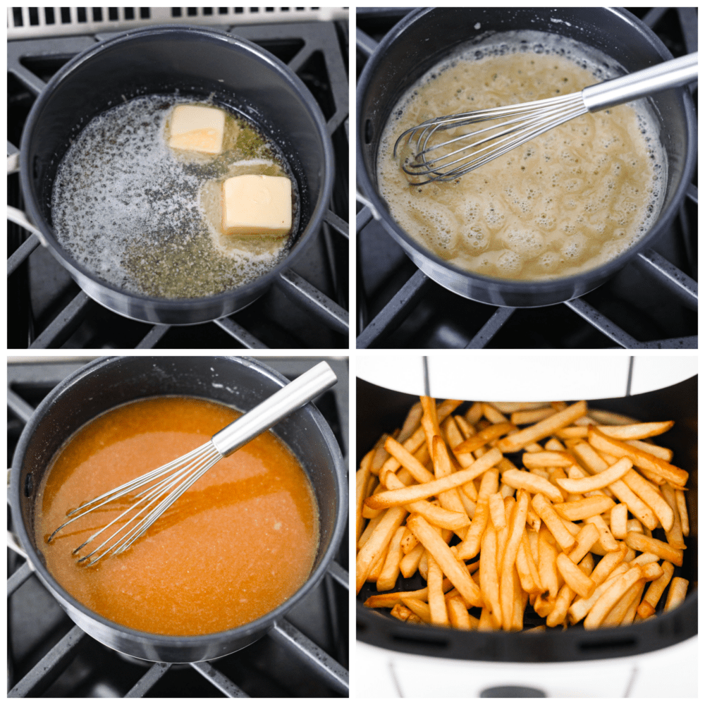 Poutine is a famous Canadian dish that you are going to love making at home! Delicious crispy fries topped with savory gravy and cheese curds are exactly what every party needs. You can serve them as an appetizer or side for any occasion! Process photos showing how to make a roux, the gravy, and the french fries.