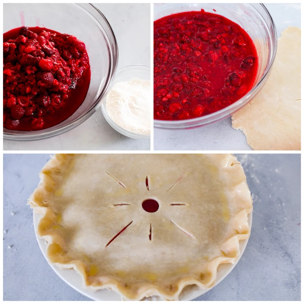 Raspberry pie is a timeless dessert that has been enjoyed for generations, and for good reason. With its flaky, buttery crust and tangy-sweet filling bursting with fresh, juicy raspberries, it’s the perfect balance of flavors and textures. And while store-bought options are convenient, nothing beats making it from scratch! 3-photo collage of raspberry filling and pie crust being prepared.