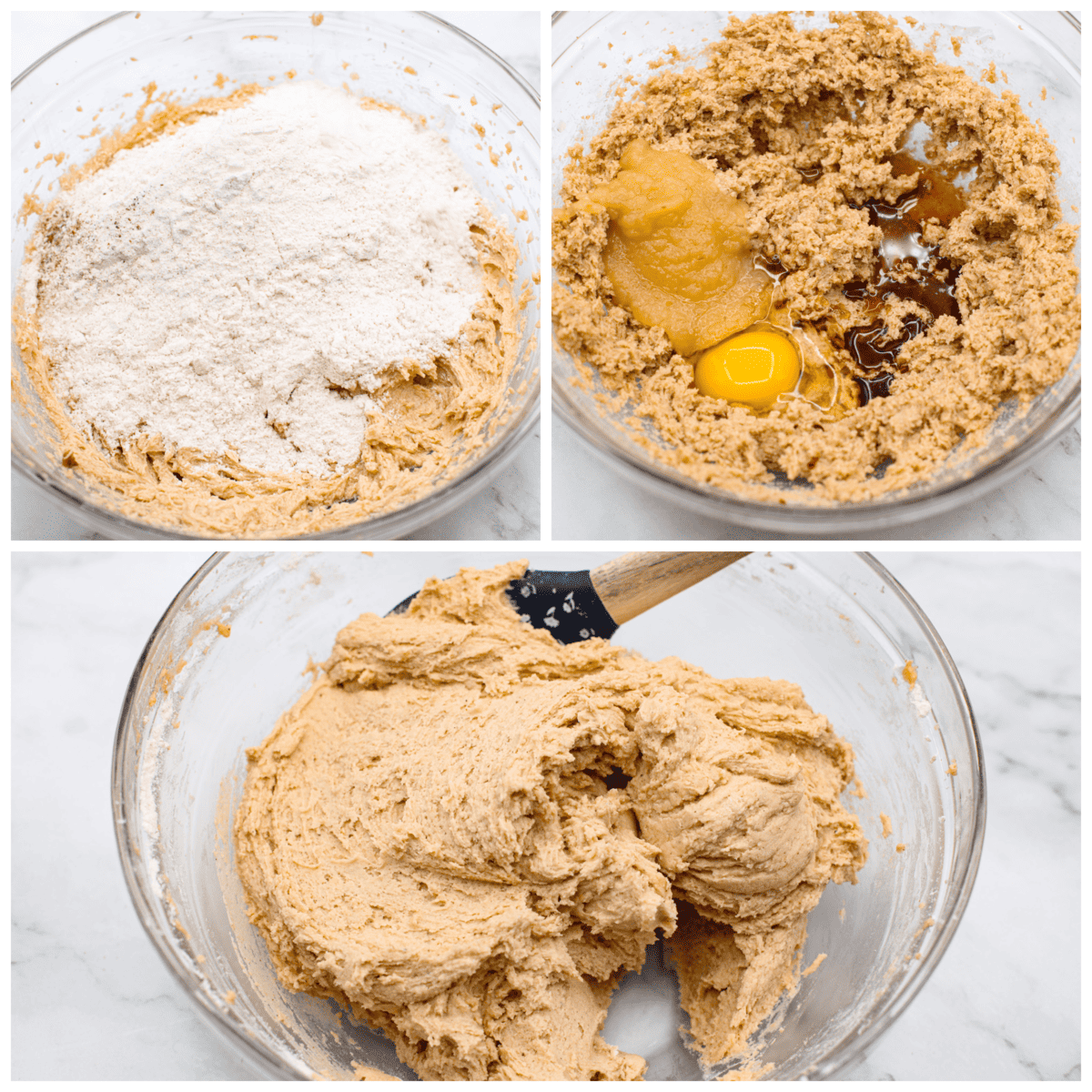 These soft and delicious Apple Cider Cookies are a delightful blend of apple cider, warm spices, and drizzled with a sweet glaze. These cookies are a cozy and irresistible treat that's perfect for any occasion. 3 pictures showing how to mix up the cookie dough.