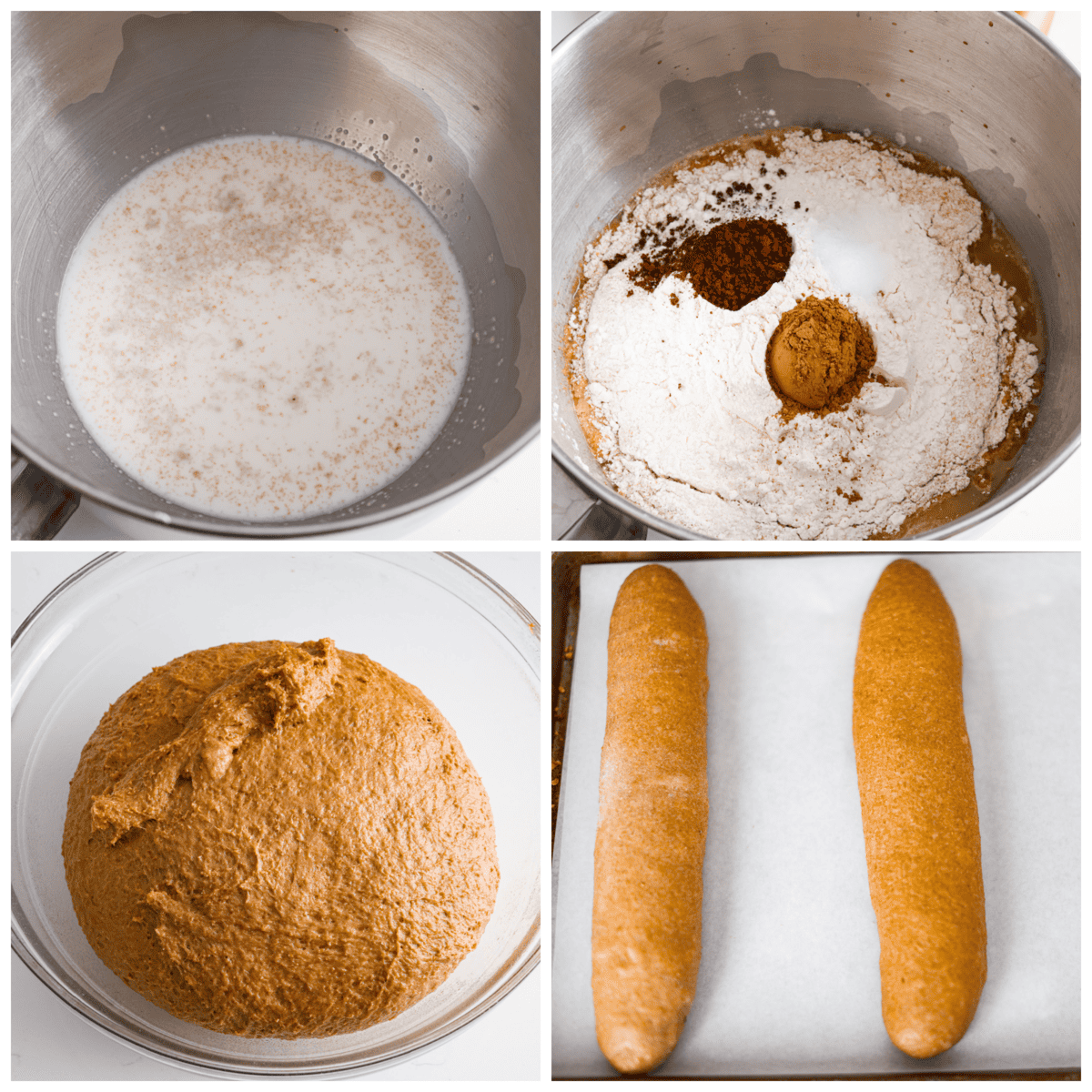 Make this copycat version of the EPIC Cheesecake Factory brown bread that is loved and devoured by all who dine at this incredible American restaurant. The rich brown color comes from the molasses, honey, whole wheat, espresso, and cocoa powder. These unique ingredients create the tastiest bread that no one can resist! First process photo of the milk and yeast in a mixing bowl. Second process photo of the dry ingredients added to the mixing bowl. Third process photo of the bread proofing. Fourth photo of the loaves shaped before baking.