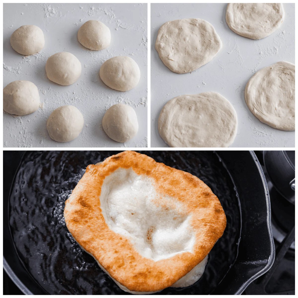 The perfect combination of airy, soft, and chewy, you NEED this homemade fry bread in your life! It's so versatile. You can enjoy it as-is, or use it as a canvas for all kinds of tasty sweet and savory creations. 3-photo collage of the dough being shaped and fried.