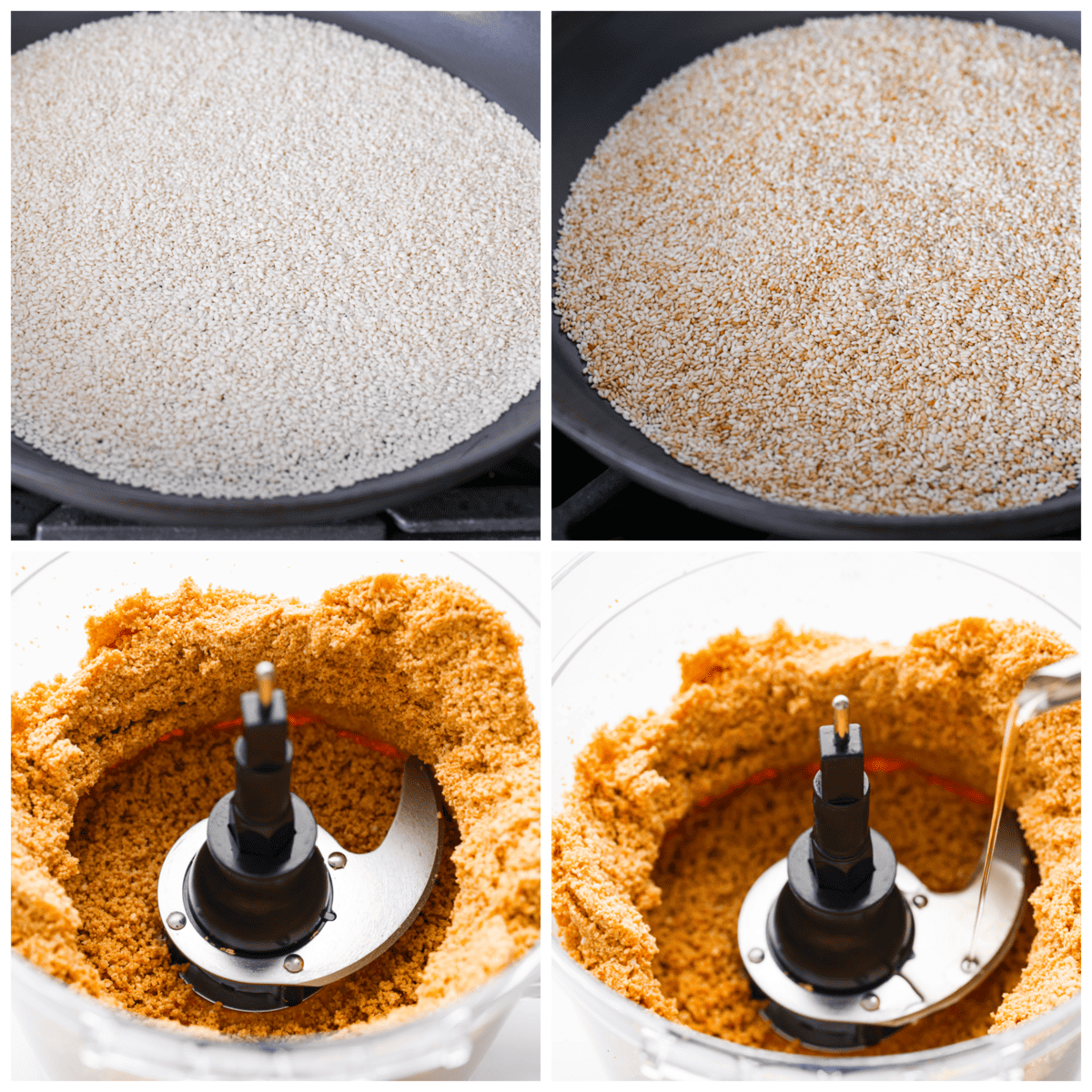 Make this easy tahini right at home with just sesame seeds and olive oil. This Middle Eastern condiment resembles the same texture as nut butter and is a staple ingredient used in sauces, savory dishes, and even desserts! First process shot of sesame seeds in a skillet. Second process shot of toasted sesame seeds in a skillet. Third process photo of sesame seeds ground in a food processor. Fourth process shot of oil being added to the food processor.
