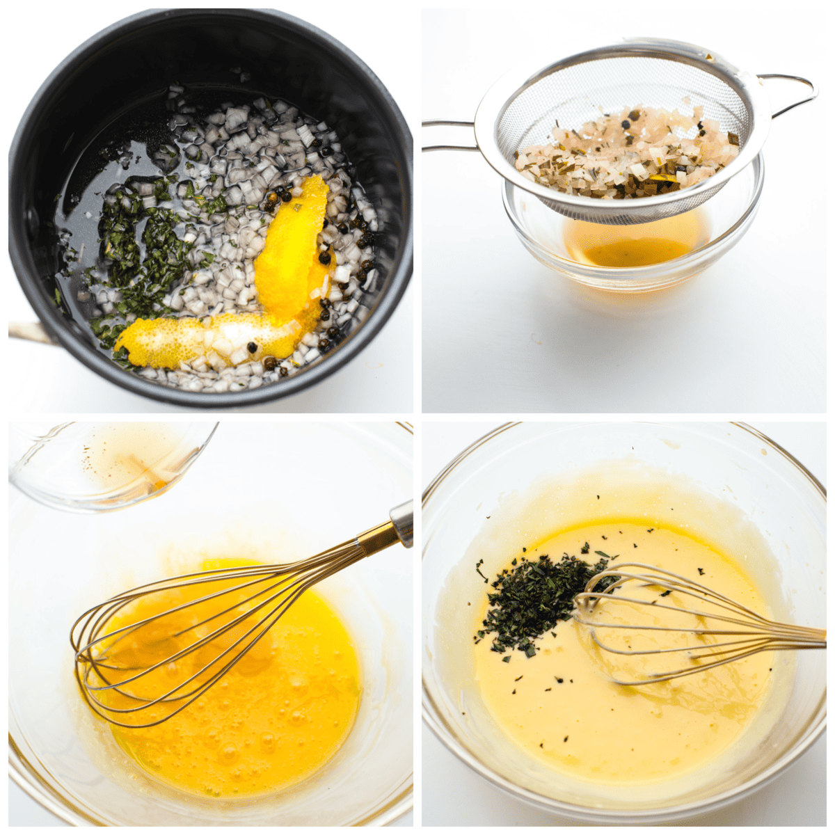 A creamy French steak sauce that you'll want to put on everything! Bearnaise sauce is a tasty variation of hollandaise, infused with shallot, tarragon, and lemon! 4-photo collage of sauce being prepared.
