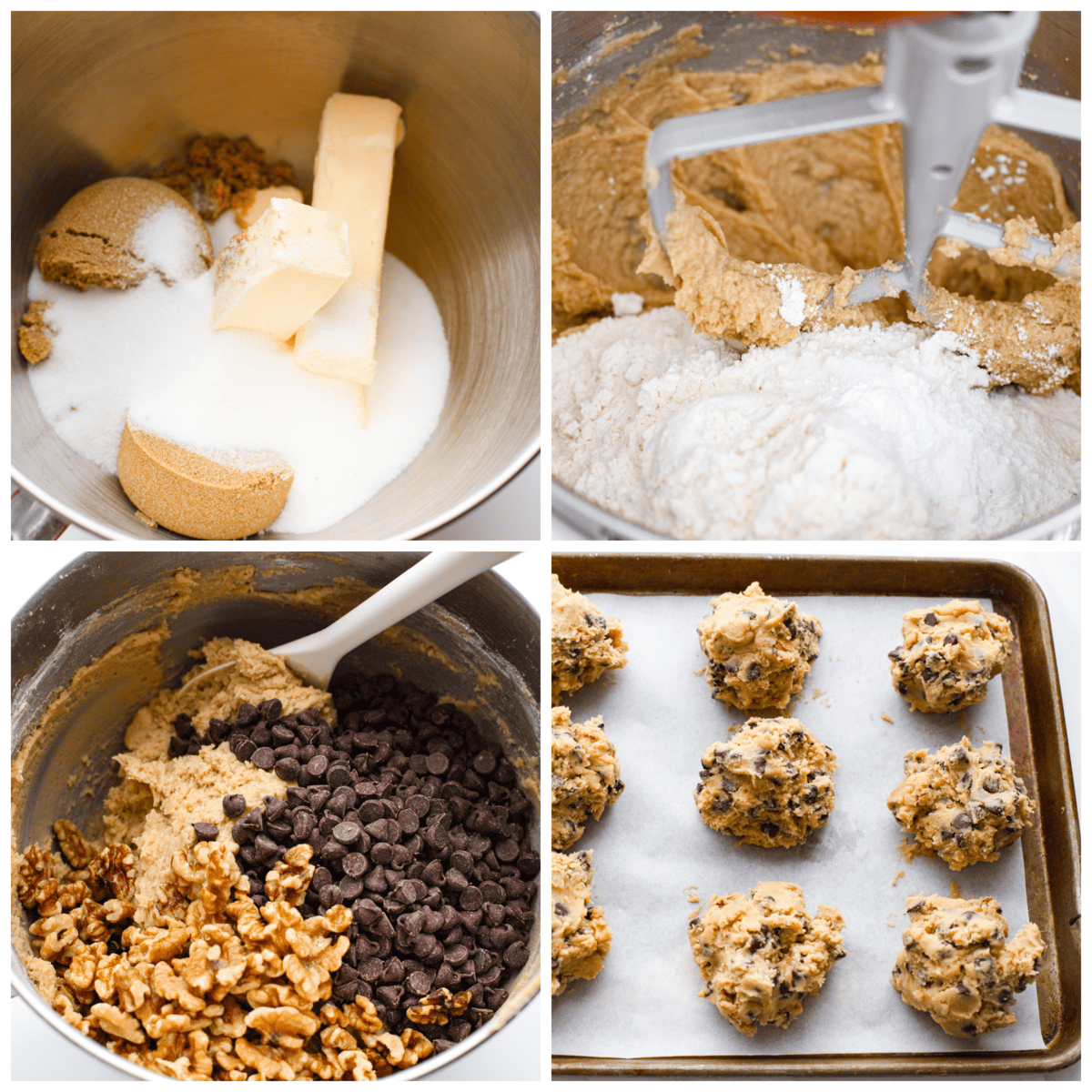 New York City's most beloved cookie, the Levain Cookie is perfectly crisp around the edges with an irresistible thick and gooey center. 4-photo collage of the cookie dough being mixed together.