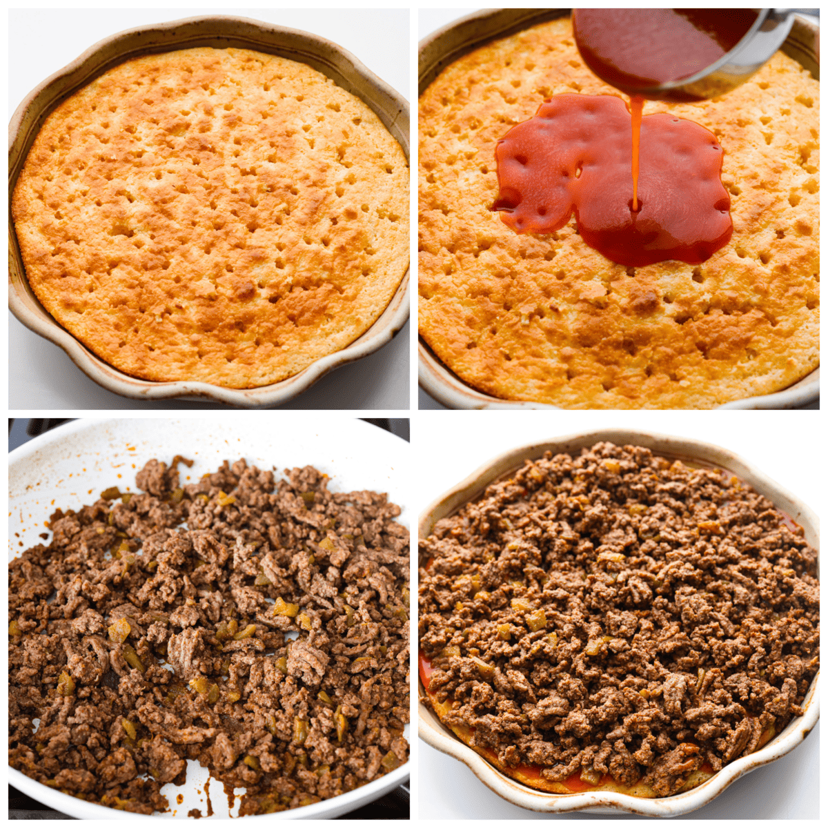 Tamale Pie is seasoned ground beef on top of a cornbread crust, drenched in a bold enchilada sauce, and topped with cheese and tomatoes. This casserole recipe is an easy spin on tamales, making it perfect for a weeknight dinner. 4 pictures showing how to make the pie, step by step. Adding on the sauce, cooking the meat and combining them together.