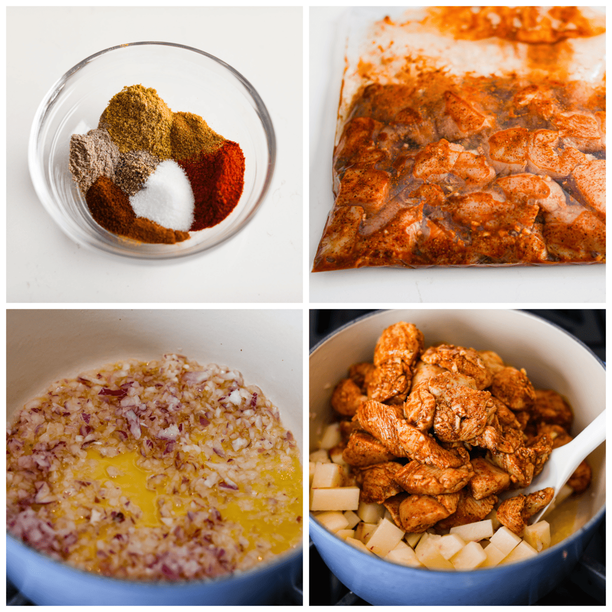 If you’ve never had Chicken Vindaloo, you’re in for a treat! This classic Indian dish is made with chunks of marinated chicken and tender potatoes simmered in a tangy, flavorful, and perfectly spiced broth. Serve over fluffy white rice with Perfect Naan Bread for an irresistible, comforting meal! Instant Pot instructions included! 4-photo collage of the chicken being marinated and the curry being prepared.