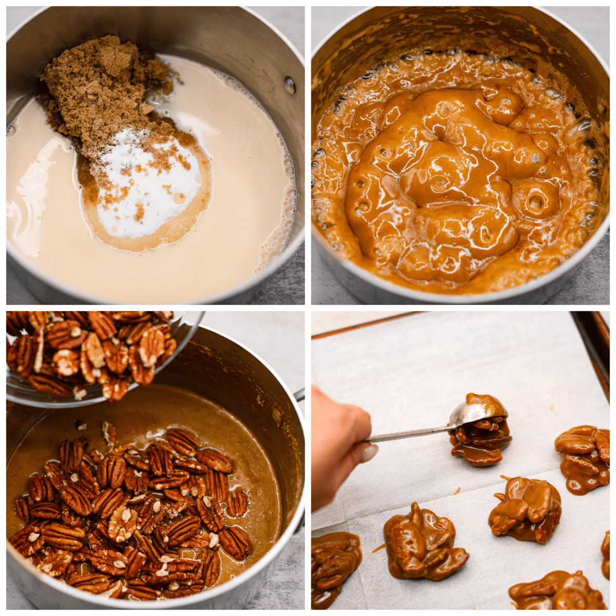If you have a sweet tooth, this Pecan Praline recipe is for you! An ooey gooey combination of sweet flavors and a crunchy texture, this recipe is perfect for any occasion. 4 pictures showing how to cook the pecan pralines and then drop them onto a baking sheet with parchment paper.