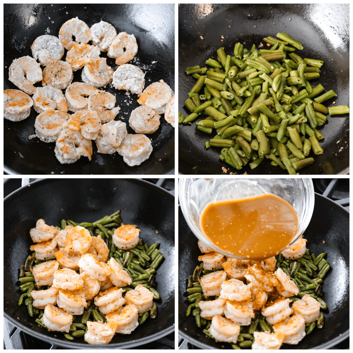 Crispy coated shrimp gets pan-fried to golden perfection in this better-than-takeout recipe! Tossed with tender veggies in a savory-sweet sauce, Hunan Shrimp is sure to be a new favorite in your dinner rotation. 4-photo collage of the shrimp and vegetables being cooked, then tossed in a homemade sauce.