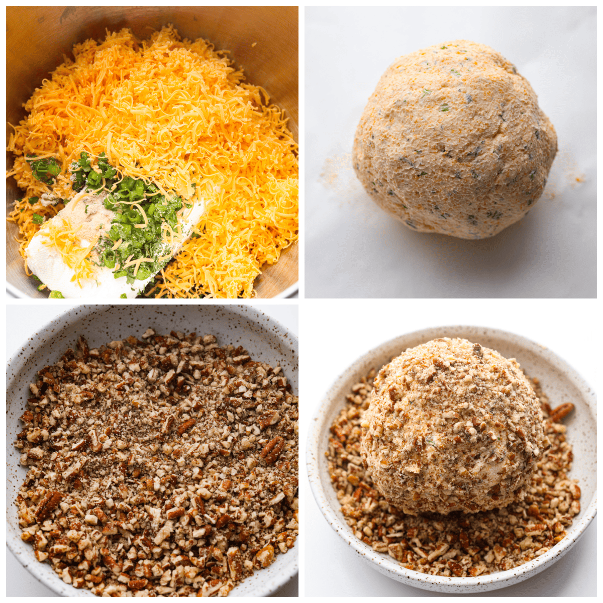 This is my go-to classic cheese ball! It's deliciously cheesy with a mix of cream cheese, cheddar cheese, green onion and seasonings that gets shaped into a ball, then rolled in crunchy pecans. It’s packed with flavor and makes the best holiday appetizer! 4-photo collage of the cheese ball being prepared and rolled in pecans.