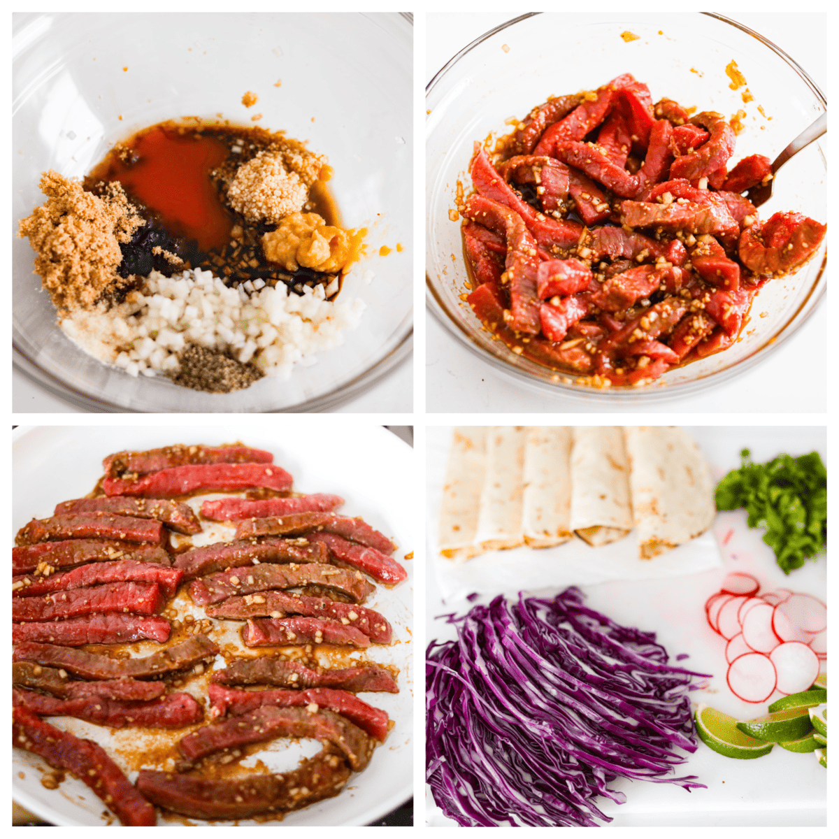 Enjoy the fusion of Asian flavors in these tasty Korean tacos! Marinated beef bulgogi nestled in soft tortillas and topped with cabbage, cilantro, radishes, and sesame seeds. First photo of the marinade ingredients in a bowl. Second photo of the beef marinating in a bowl. Third photo of the beef cooking ina skillet. Fourth photo of the tortillas and toppings.