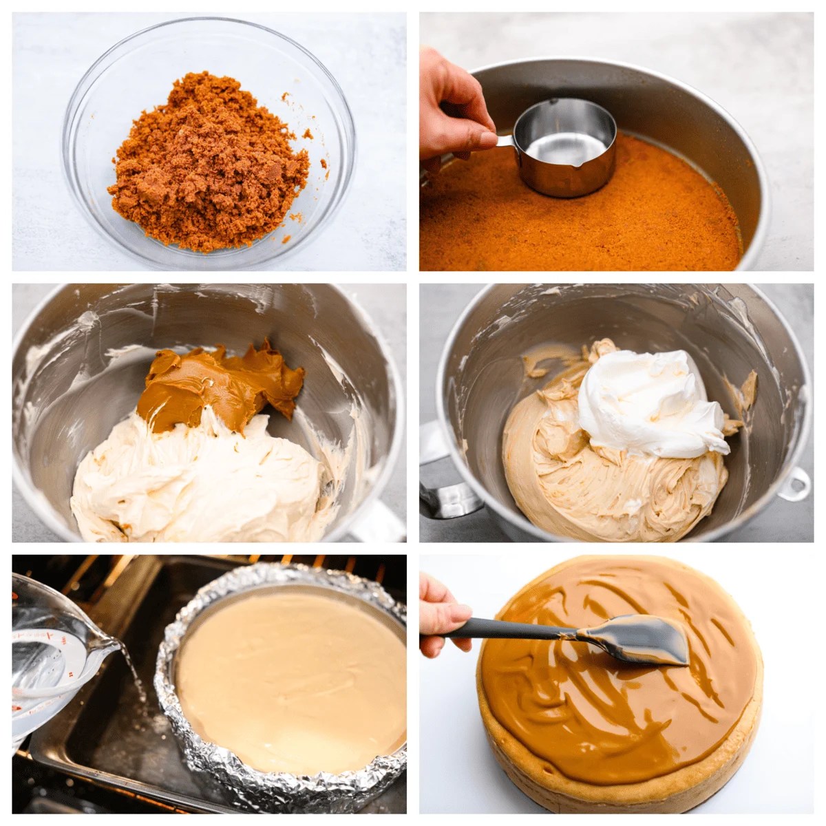 Soft, rich, and loaded with delicious cookie butter flavor, this Biscoff cheesecake is sure to please! Everyone will be lining up for a slice. 6-photo collage of the crust, cheesecake filling, and topping being prepared.