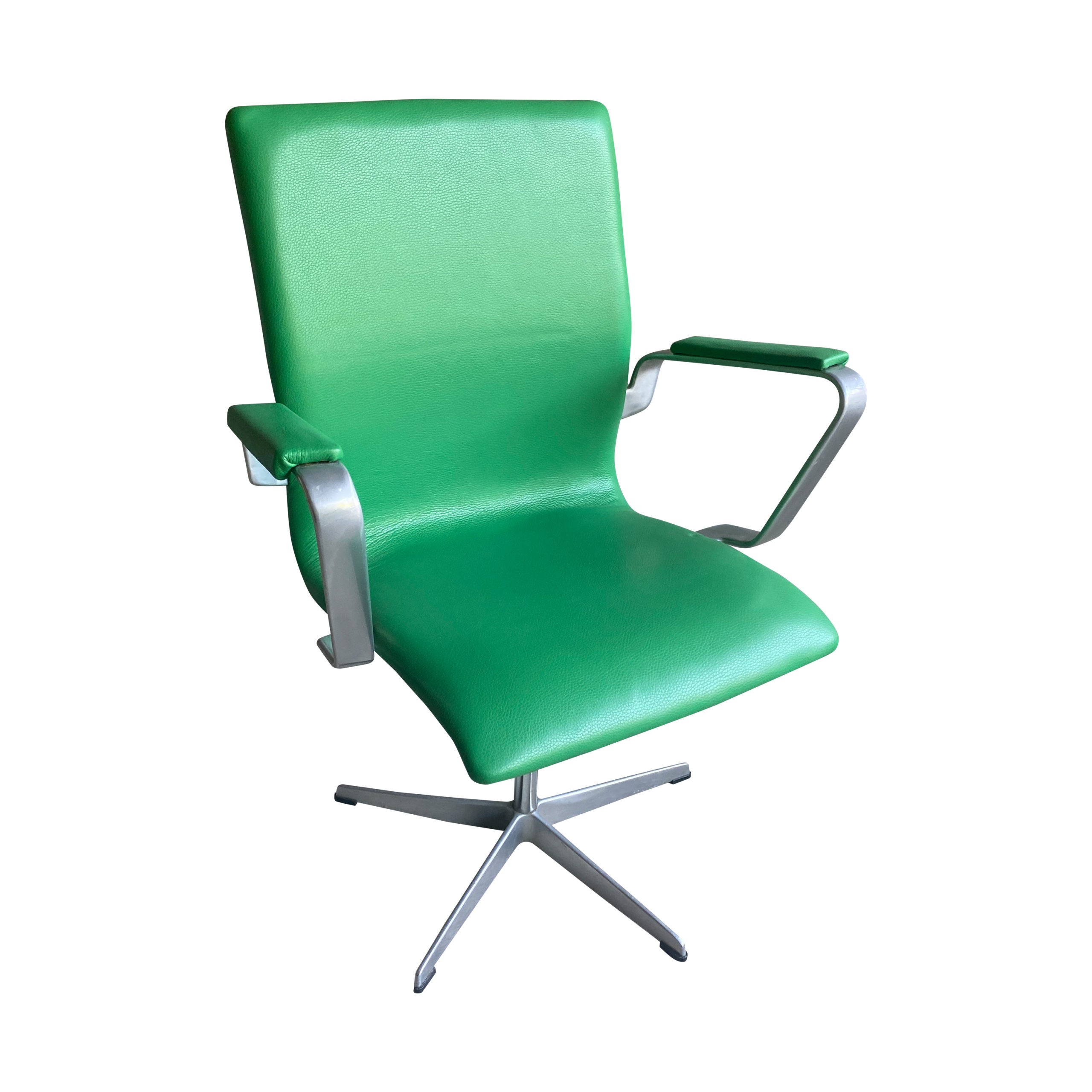 SOLD Pair of Swivel Chairs in Green Leather by Arne Jacobsen, Denmark
