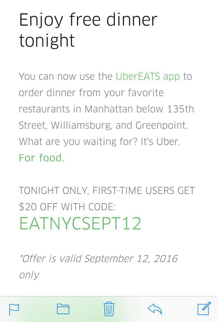 Free Dinner 20 UberEats Tonight in NYC With Promo Code
