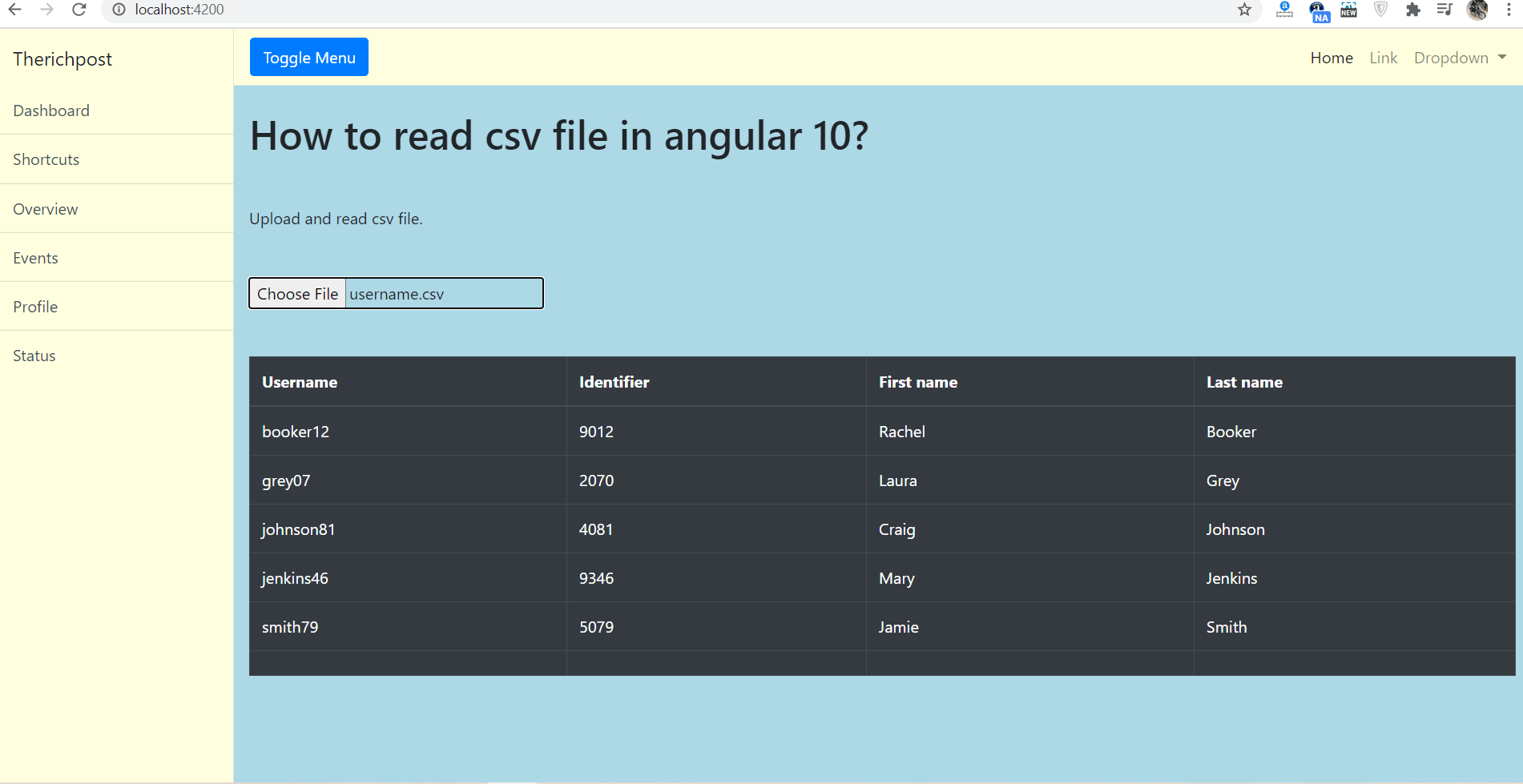 How to read csv file in angular 10? Therichpost