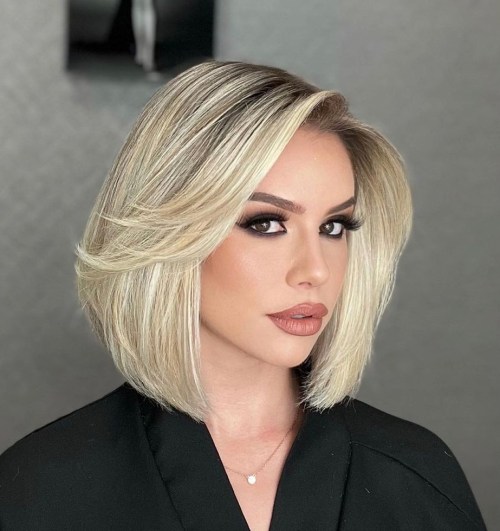 Effortless Lob for Straight Hair Bright Blonde Rounded Bob with Long Feathered Bangs