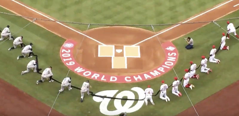 MLB baseball players take a knee before the National Anthem in first game of the season… [VIDEO