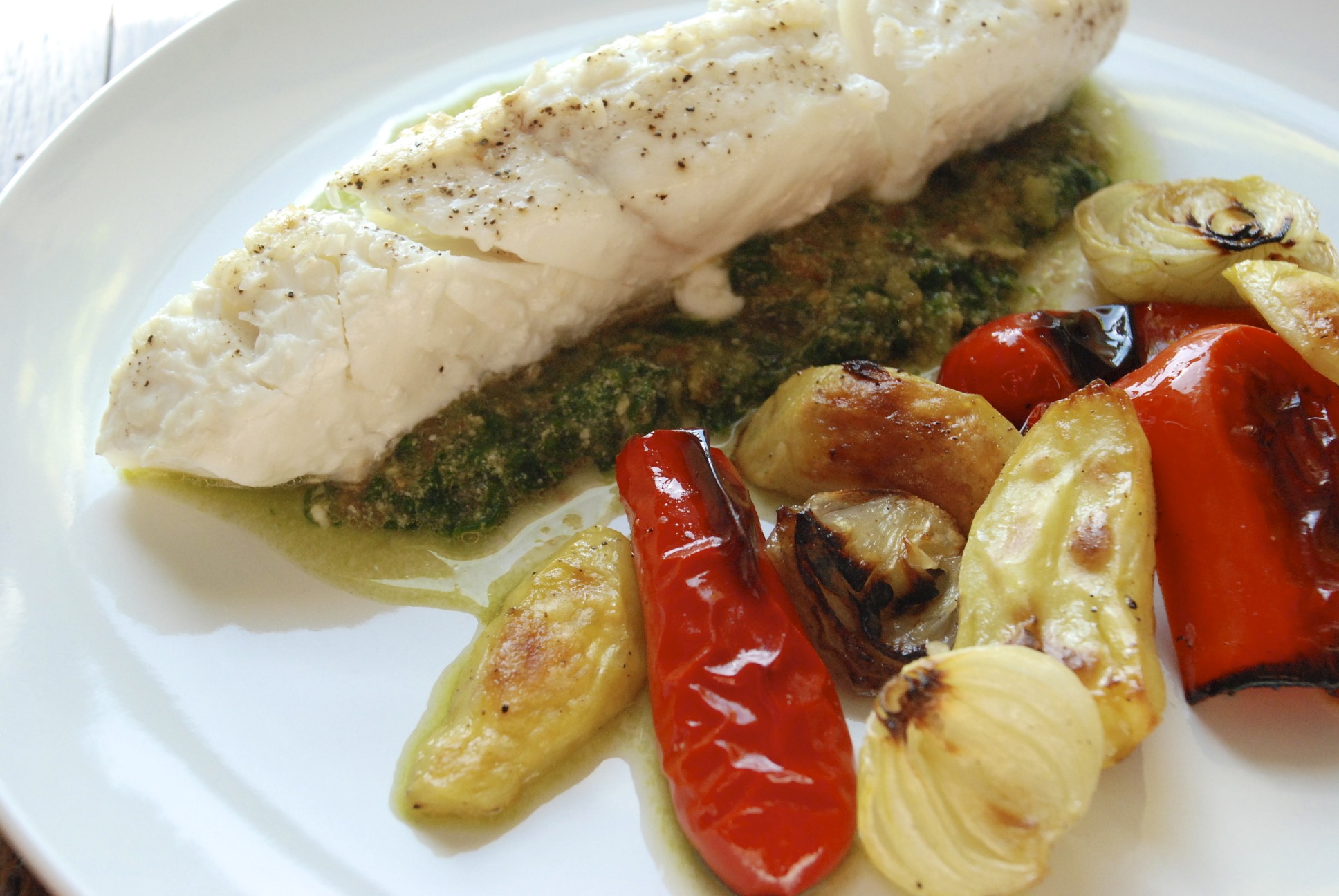 Halibut au Pistou with Shallots, Peppers and Fingerlings The Roaming