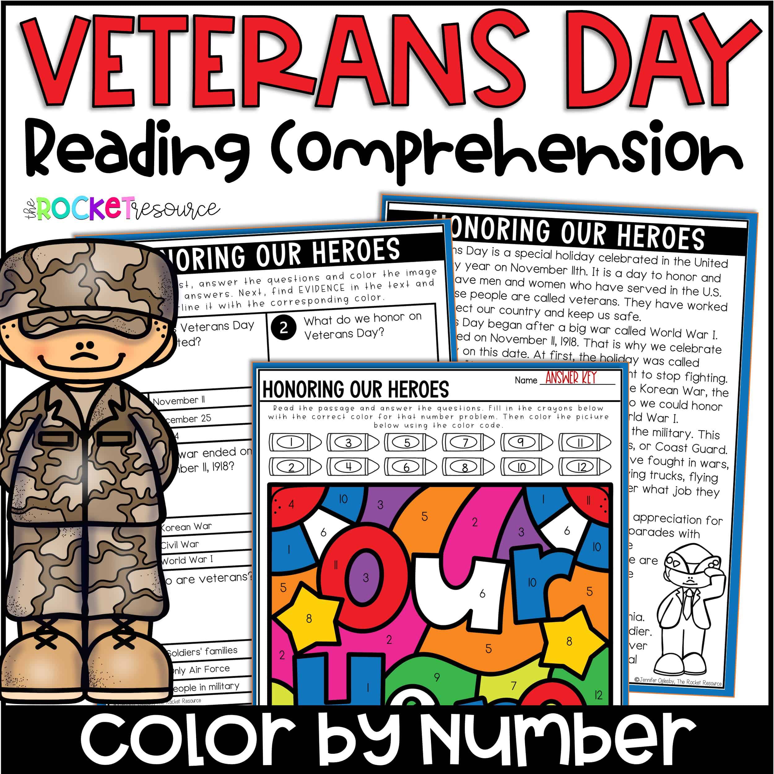 Veterans Day Reading Comprehension Color by Number - The Rocket Resource