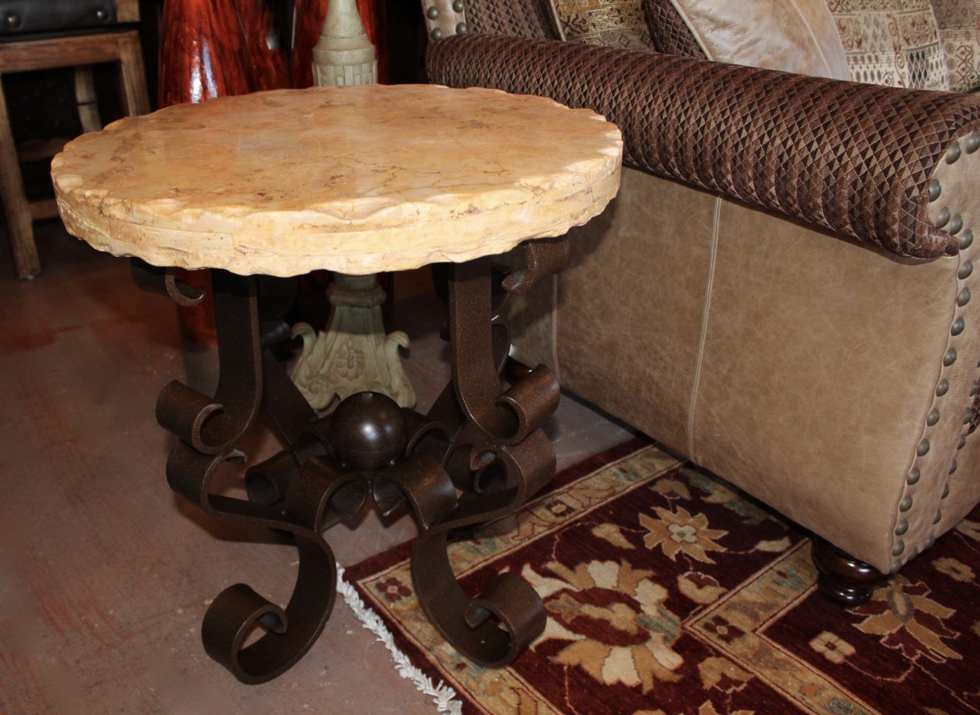 8 Travertine Top End Table on Iron Base The Rustic Gallery