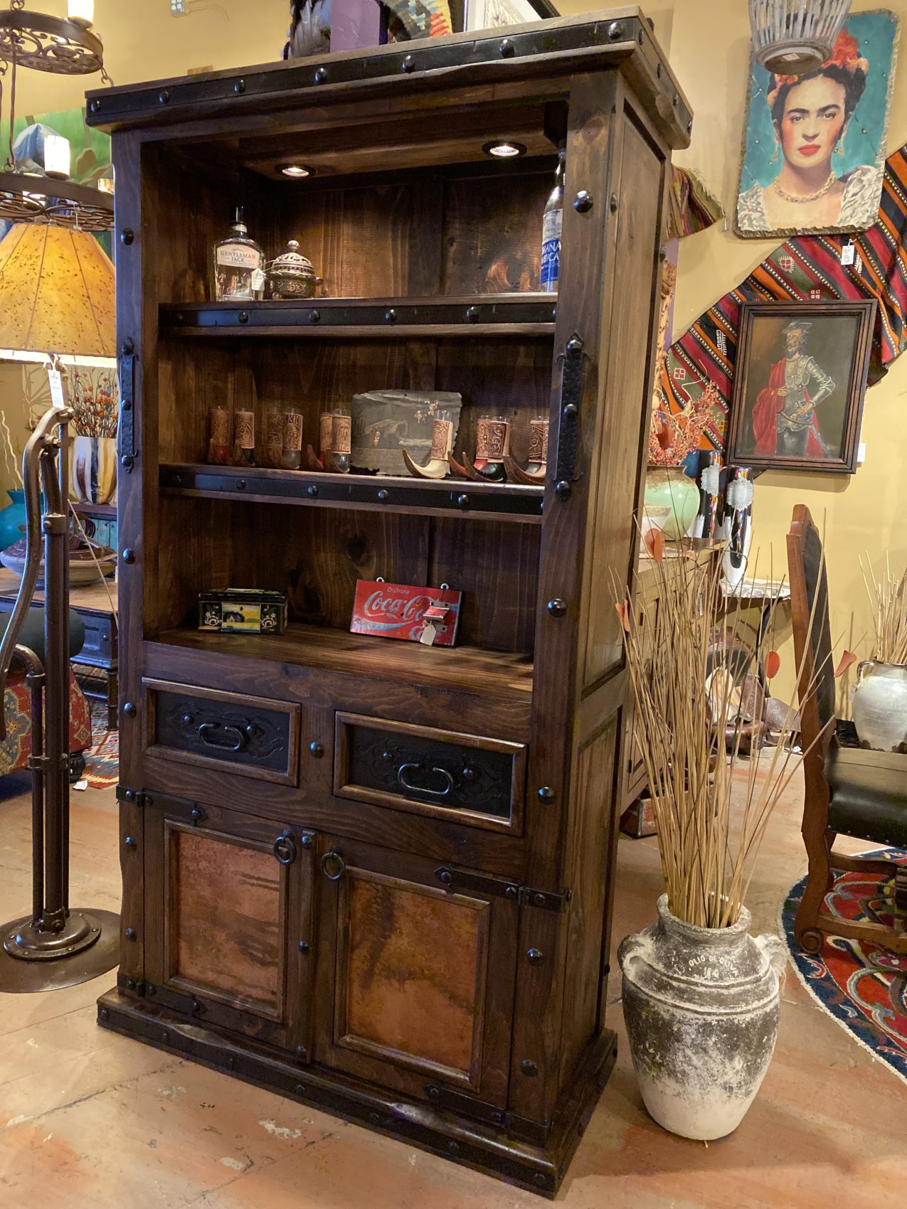 4 Hacienda Tooled Leather & Copper Bookcase The Rustic Gallery