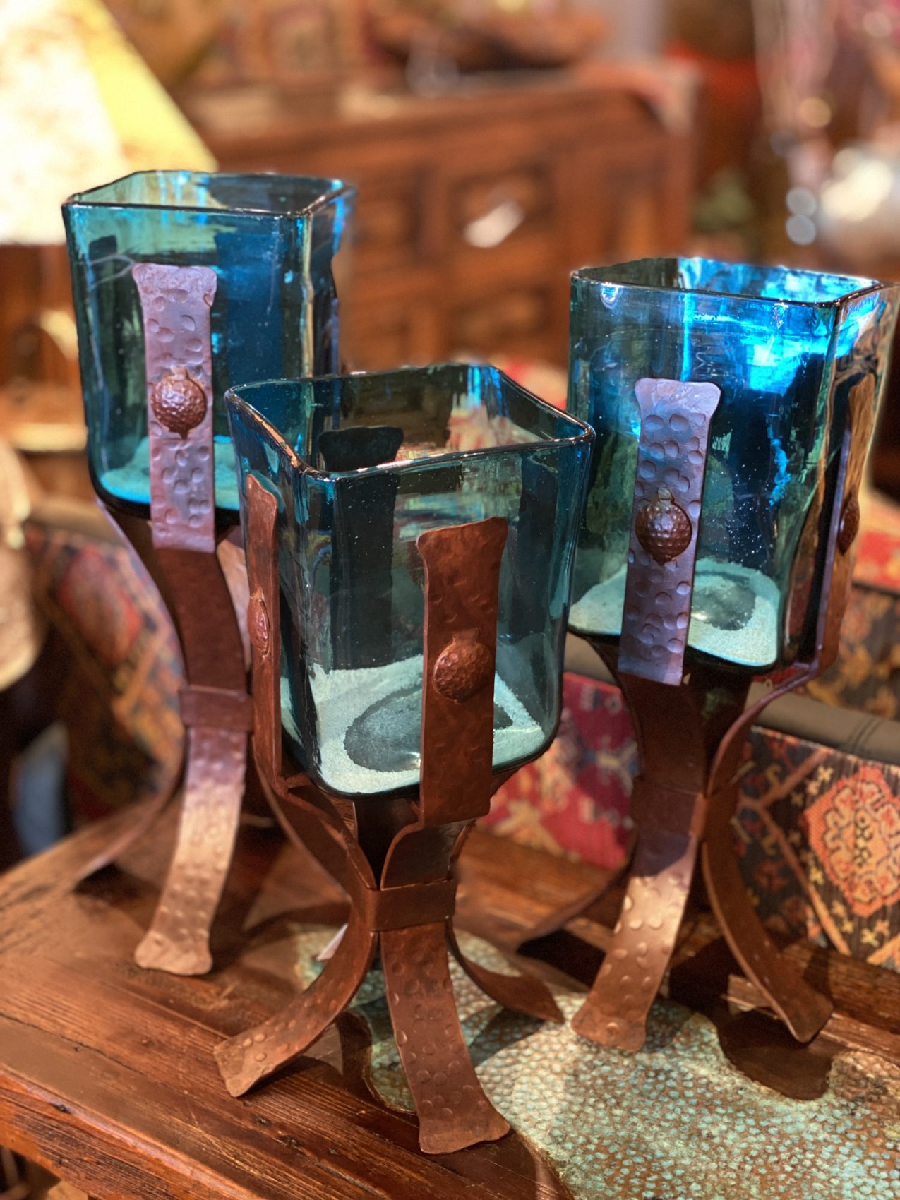 Set of Blown Glass Candle Holders (turquoise, amber, green or clear