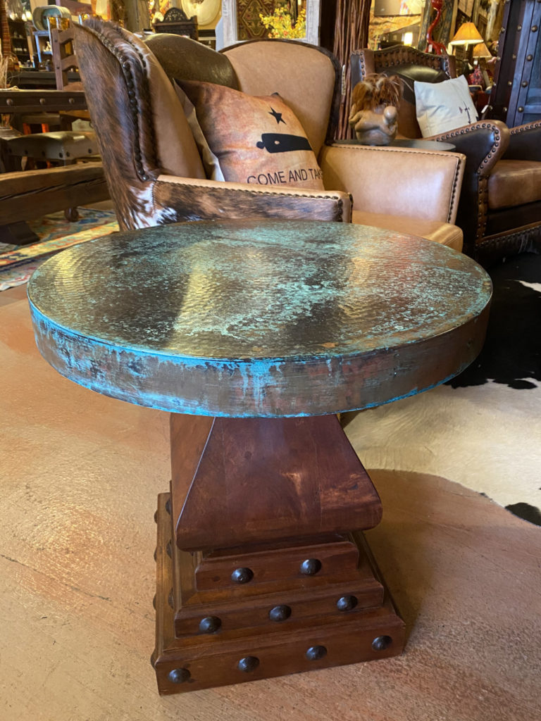 Round AcidWashed Copper End Table with Mesquite Base The Rustic Gallery