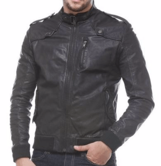 Men’s Leather Jacket with Ribbed Sleeve Cuffs and Buckle Collar The