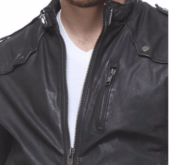 Men’s Leather Jacket with Ribbed Sleeve Cuffs and Buckle Collar The