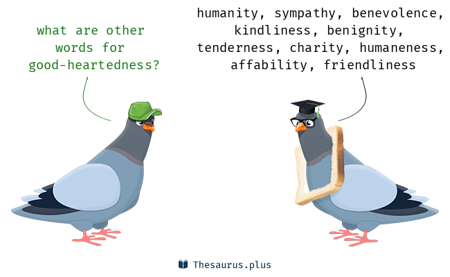 More 60 Goodheartedness Synonyms. Similar words for Goodheartedness.