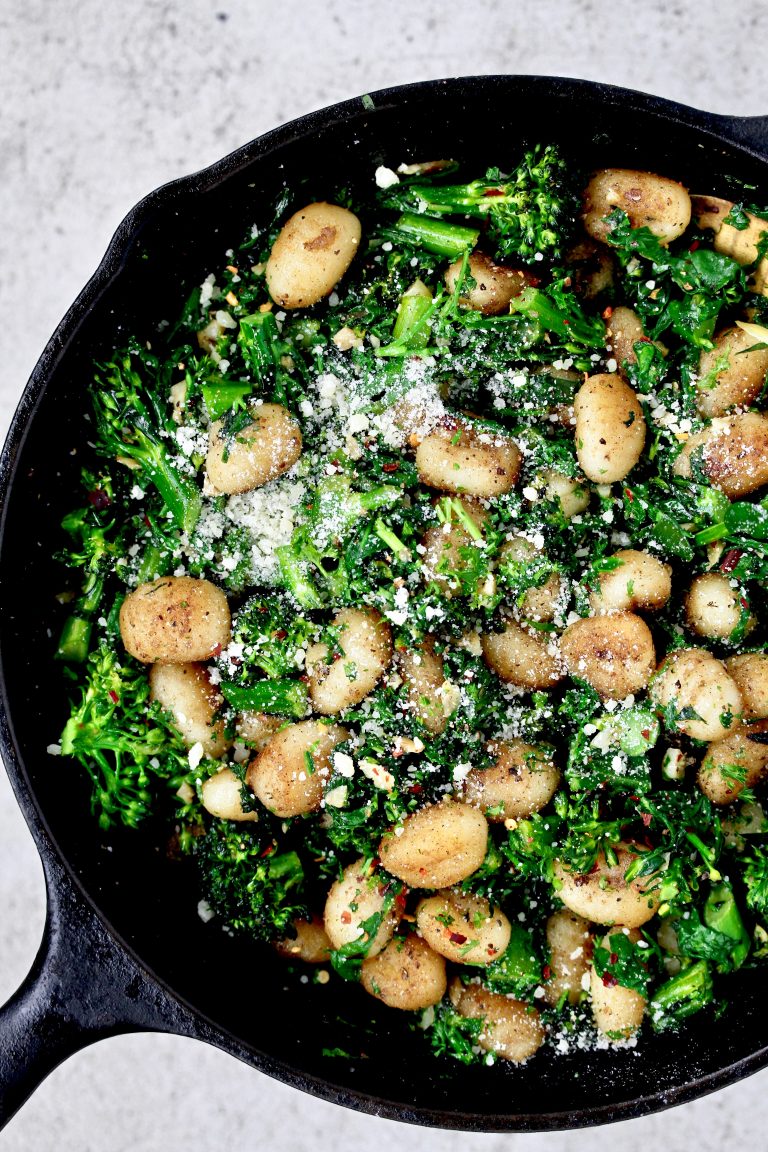 Brown Butter Fried Gnocchi with Broccolini, Spinach and Garlic The