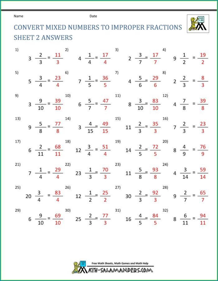 4th Grade Fractions And Mixed Numbers Worksheet