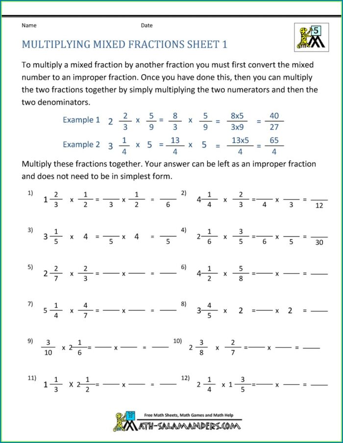 4th Grade Multiplying Mixed Numbers Worksheet
