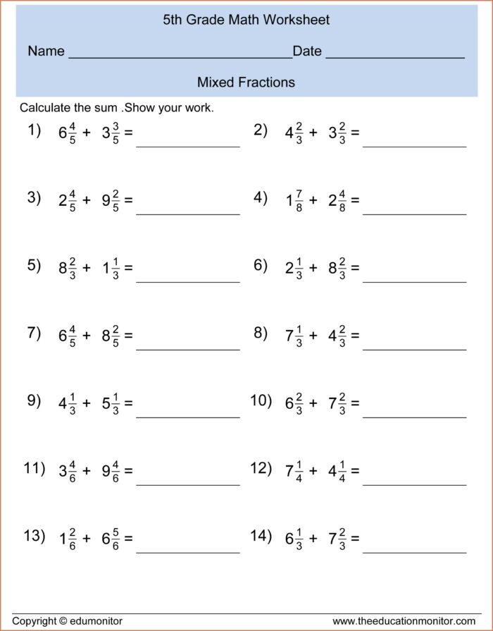 5th Grade Adding And Subtracting Mixed Fractions Worksheets