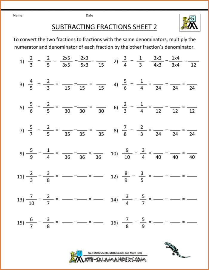 5th Grade Different Denominators Adding And Subtracting Fractions Worksheets