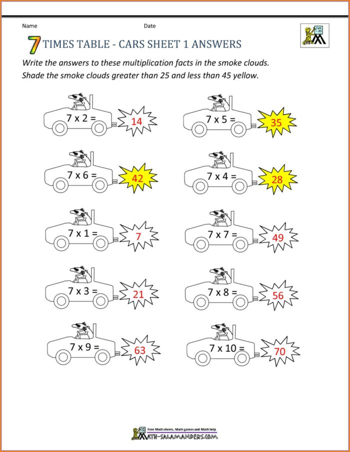 7 Times Table Worksheet With Answers