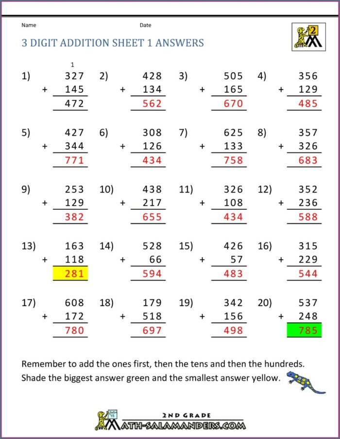 Add 3 Digit Numbers Worksheet