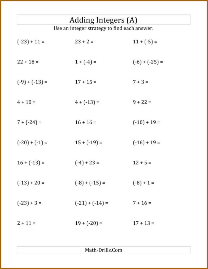 Add And Subtract Negative Numbers Worksheet