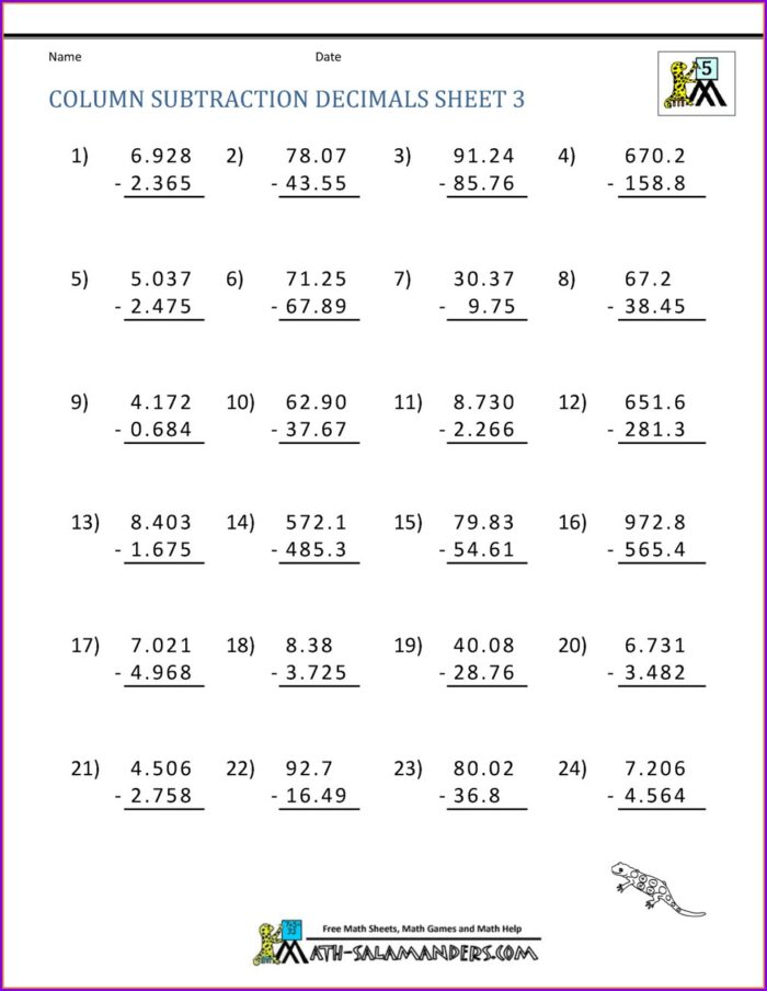 Adding And Subtracting Decimals Word Problems 5th Grade Worksheet