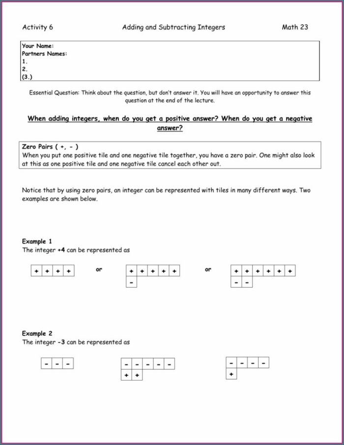 Adding And Subtracting Integers Word Problems Worksheet
